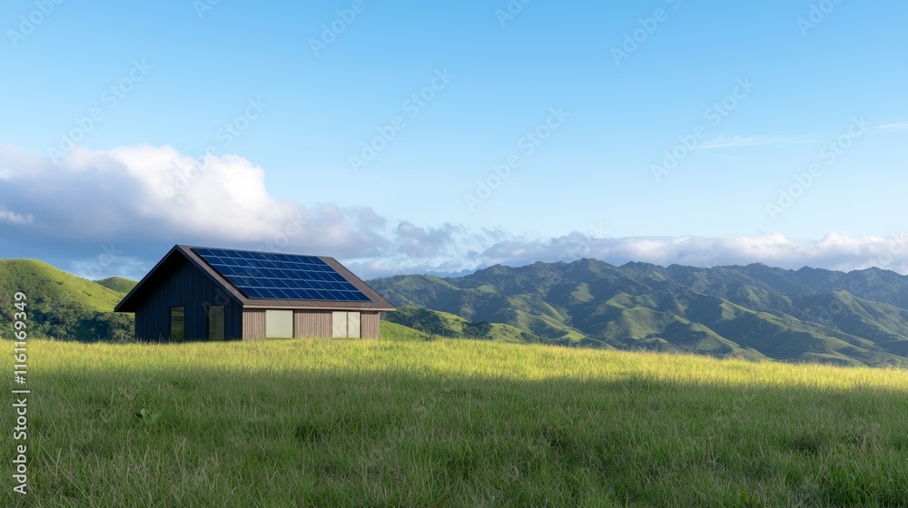 Modern Home with Solar Panels in a Lush, Green Landscape