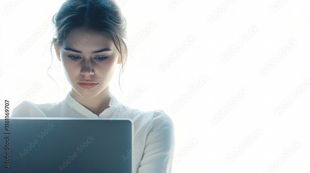Businesswoman Working Concentrated on Laptop Against White Background