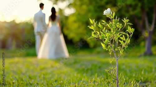 Romantic Couple Holding Hands in Nature at Sunset During Beautiful Wedding Ceremony