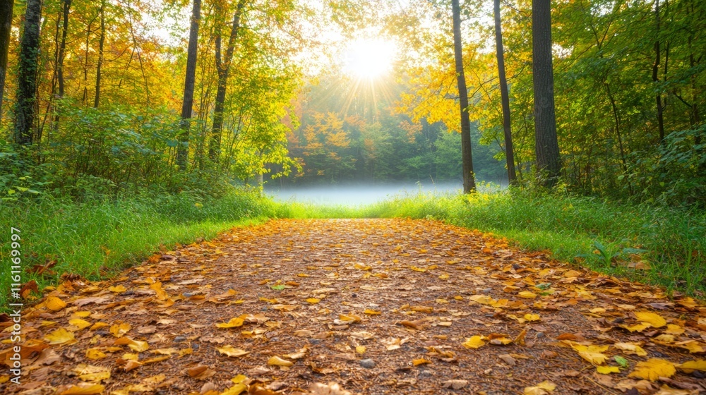 Obraz premium Autumn Path Through Misty Forest.