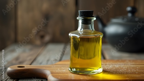 Vintage Glass Apothecary Bottle with Golden Cooking Oil on Wooden Cutting Board - Rustic Still Life Photography photo