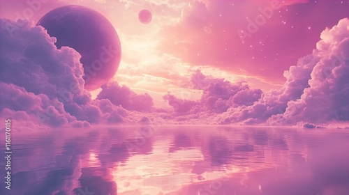 A surreal and dreamy landscape featuring a vibrant pink and purple sky filled with fluffy clouds. Two celestial bodies, including a large planet, are visible against the backdrop of the colorful heave
