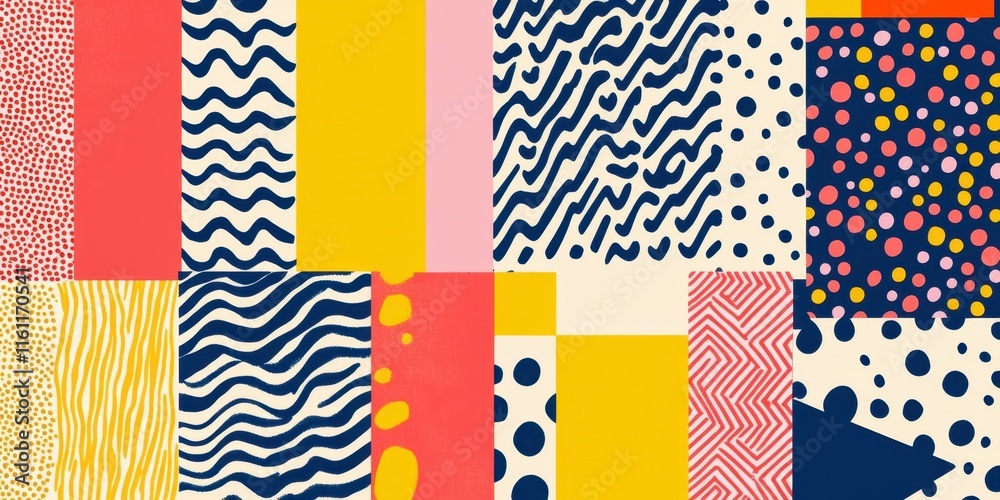 A vibrant collection of geometric patterns showcases diverse shapes and textures in bold colors, creating a lively and playful visual aesthetic A vibrant collection of geometric patterns showcases diverse shapes and textures in bold colors, creating a lively and playful visual aesthetic