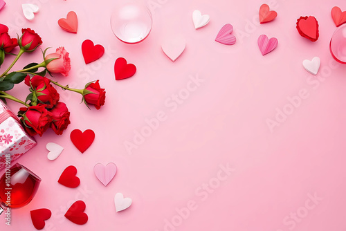 Valentines day banner with gift, red roses, hearts wine and table place setting on pink background. View from above. Greeting card. Invitation to romantic dinner.