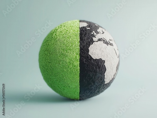 A mirrored globe with two sides one green, one grey, carbon footprint, climatic divides