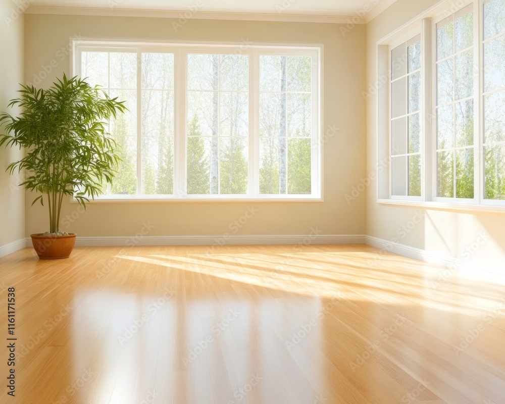 Bright and Airy Empty Room with Hardwood Floor and Large Windows. Bright and Airy Empty Room with Hardwood Floor and Large Windows.