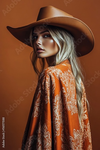 An elegant woman dons a wide-brimmed brown hat and wears a flowing ornate cloak with intricate designs, embodying rustic style and sophisticated allure.