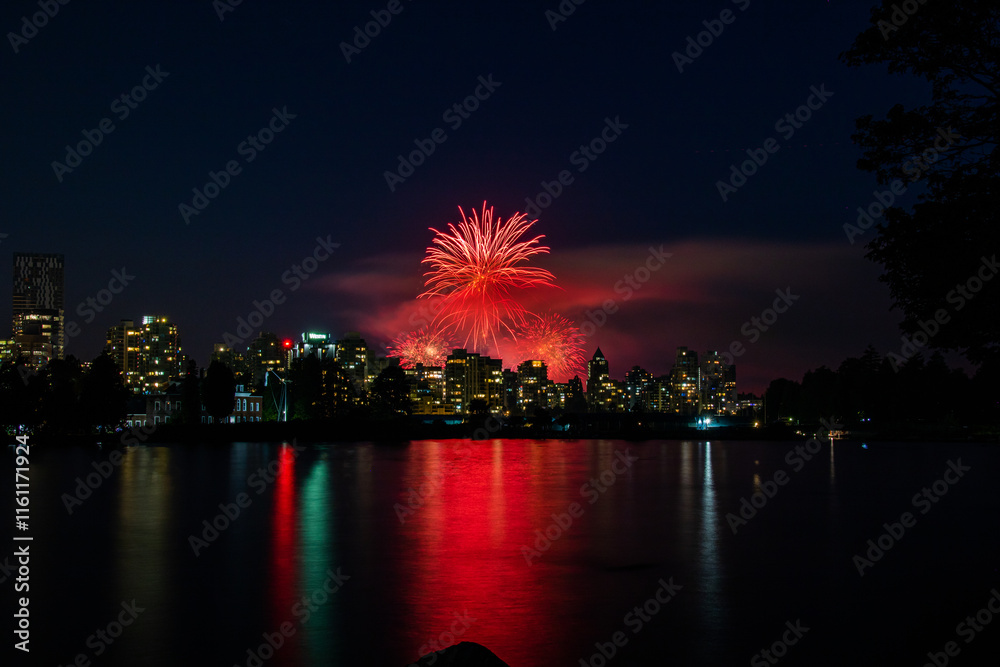Vancouver skyline with amazing fireworks Vancouver skyline with amazing fireworks