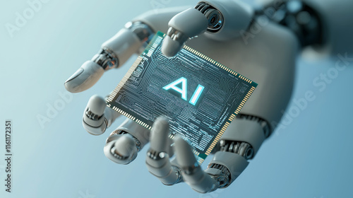 Robot Hand Holding AI Chip, Symbolizing Future of AI and Automation. photo