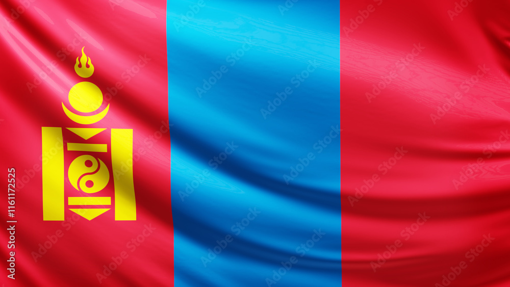 Naklejka premium Mongolia flag picture, close-up shot of mongolian nation flag, asia, animated flag background photo, 3D photo of a flag, national symbol of asian country, patriotism, full screen