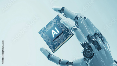 Robot Hand Holding AI Chip, Symbolizing Future of AI and Automation. photo