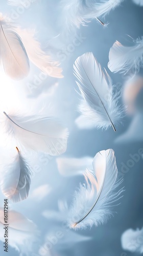 White feathers flying in the blue sky