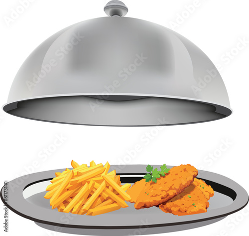 Restaurant cloche revealing french fries and breaded chicken cutlets on silver platter