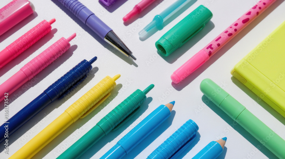 Stationery Flatlay with Colorful Pens and Tools Stationery Flatlay with Colorful Pens and Tools