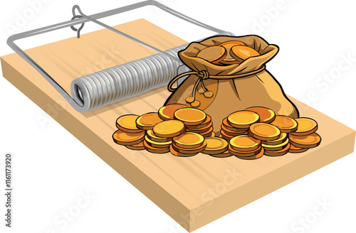 Mousetrap with gold coins and bag luring savings and investment risks