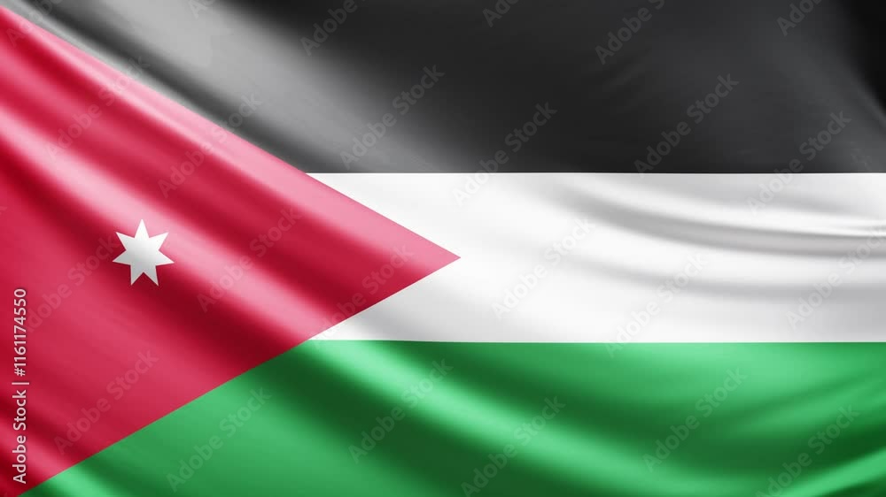 Jordan flag video, close-up shot of symbol of jordan nation, asia, animated flag background video, 3D video of a flag, national symbol of the people, patriotism, full screen Jordan flag video, close-up shot of symbol of jordan nation, asia, animated flag background video, 3D video of a flag, national symbol of the people, patriotism, full screen