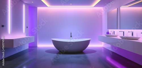 Contemporary Bathroom with Purple Neon Lighting and Freestanding Tub