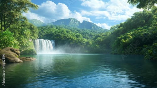 Serene Waterfall in Lush Tropical Paradise.