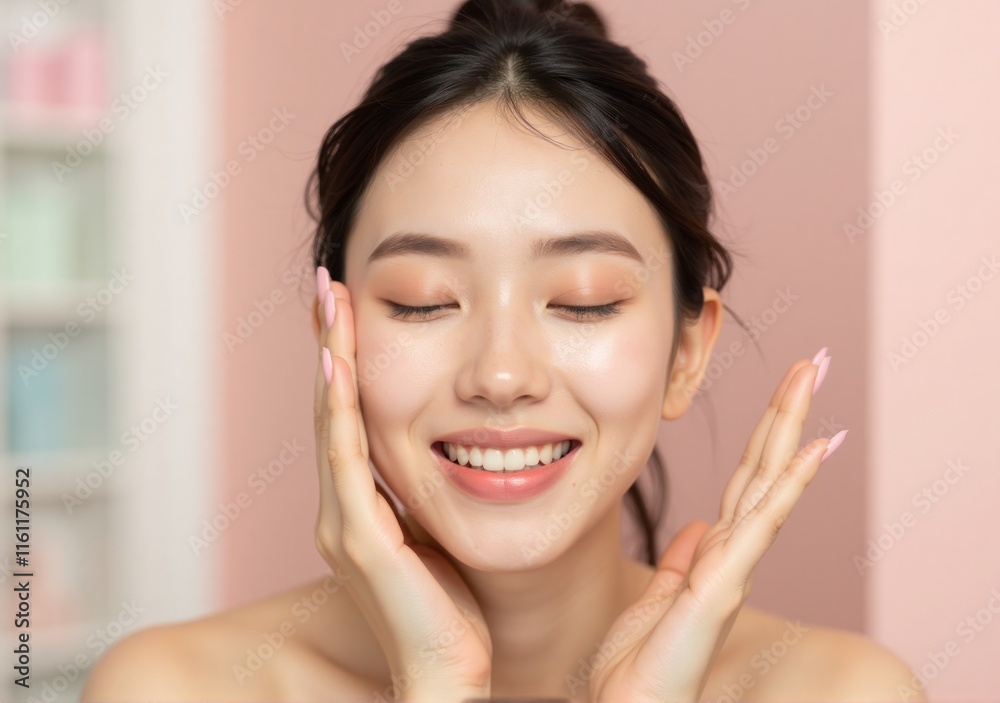 glowing young woman with clear skin and minimal makeup, relaxing in a beauty and wellness setting with a pastel background glowing young woman with clear skin and minimal makeup, relaxing in a beauty and wellness setting with a pastel background
