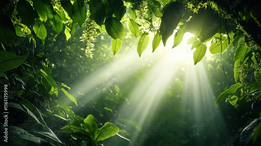 Obraz premium Sunlight filters through the dense canopy of a tropical rainforest, illuminating vibrant green foliage and a network of ancient, moss covered vines.