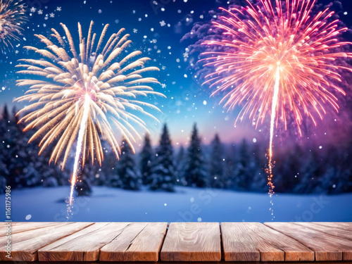 Festive Winter Fireworks over Snowy Landscape with Wooden Table