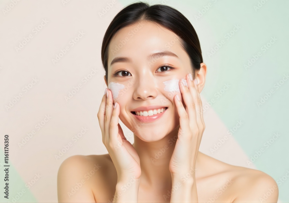 Portrait photography of a young woman with fresh and glowing skin, natural makeup, in a soft pastel-themed beauty setting Portrait photography of a young woman with fresh and glowing skin, natural makeup, in a soft pastel-themed beauty setting