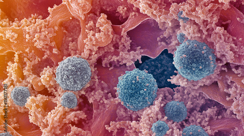 Cancer, Microscopic Visualization of Cellular Structures with Vivid Colors and Intricate Textures Highlighting Biological Complexity