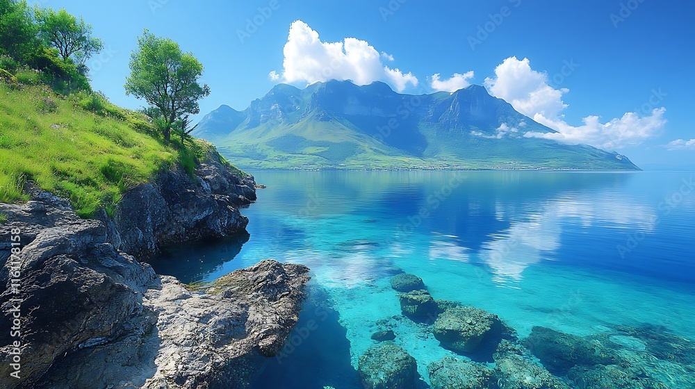 Serenity unfolds at a tranquil lakeside with stunning mountains reflecting on crystal clear waters Serenity unfolds at a tranquil lakeside with stunning mountains reflecting on crystal clear waters