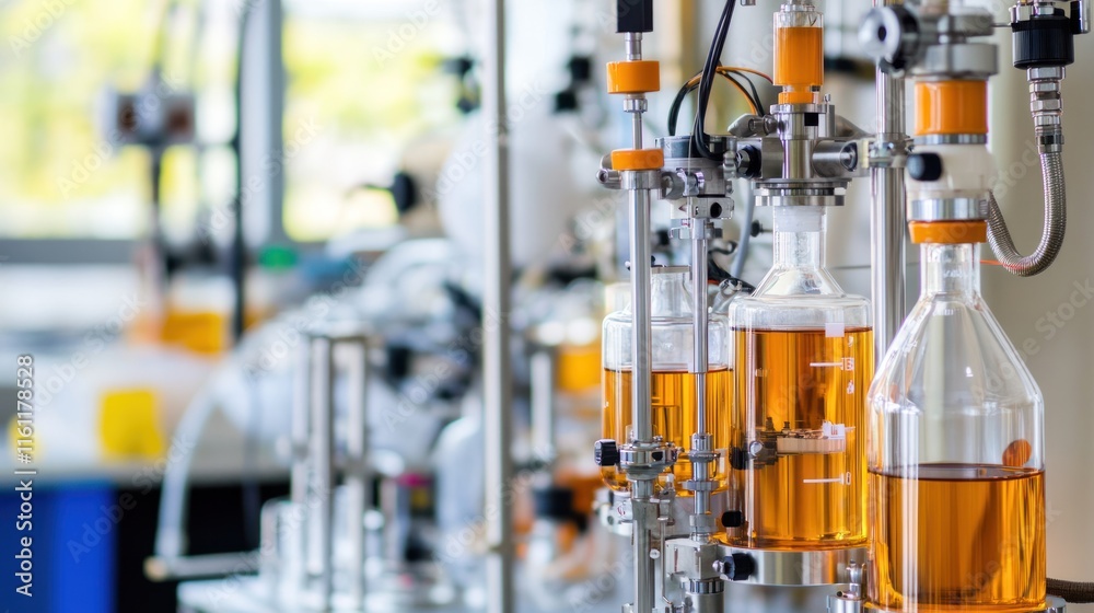 Advanced Chemical Processing: High-Tech Laboratory Equipment and Amber Liquid