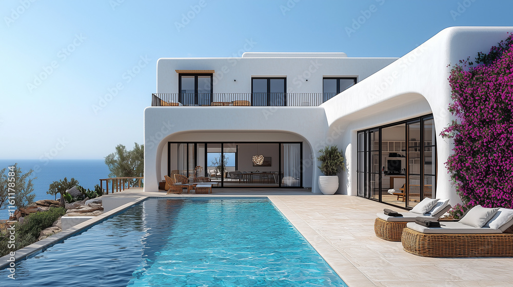 Fototapeta premium Villa de style mykonien luxueuse avec architecture cycladique traditionnelle