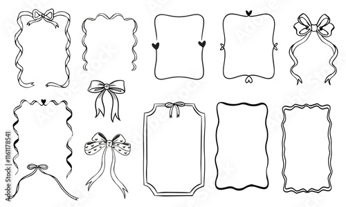 A vintage set of hand drawn ribbon and bow frames in various shapes. Perfect for invitations and cards. The black and white simple modern vector 