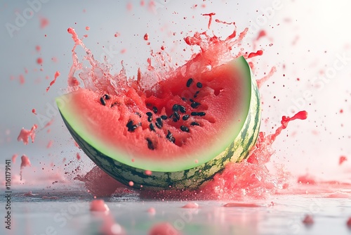 Watermelon splash! Juicy slice exploding with refreshing summer vibes. photo