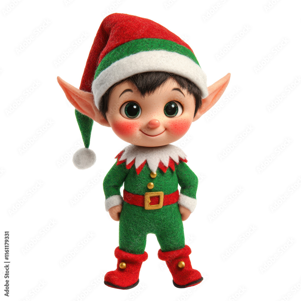 Cute Festive Elf Character with Green and Red Outfit Smiling Joyfully Cute Festive Elf Character with Green and Red Outfit Smiling Joyfully