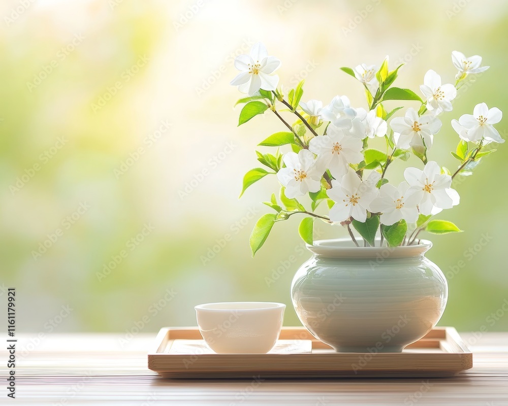 Tranquil Spring Blossoms in Ceramic Vase. Tranquil Spring Blossoms in Ceramic Vase.