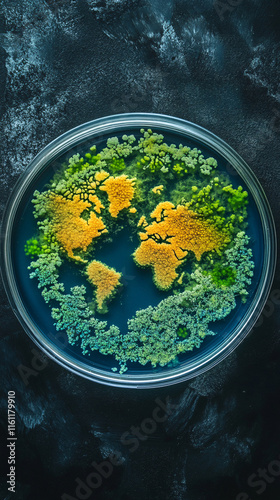 Creative World Map in a Petri Dish Using Colorful Bacterial Colonies to Depict Continents and Highlight Science and Art photo