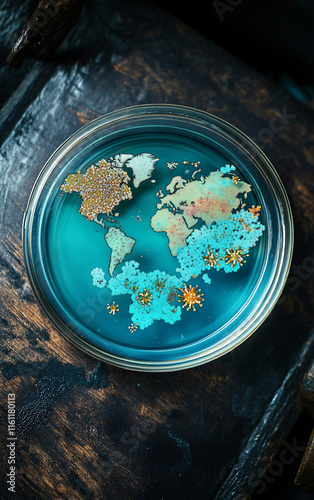 Creative World Map in a Petri Dish Using Colorful Bacterial Colonies to Depict Continents and Highlight Science and Art photo