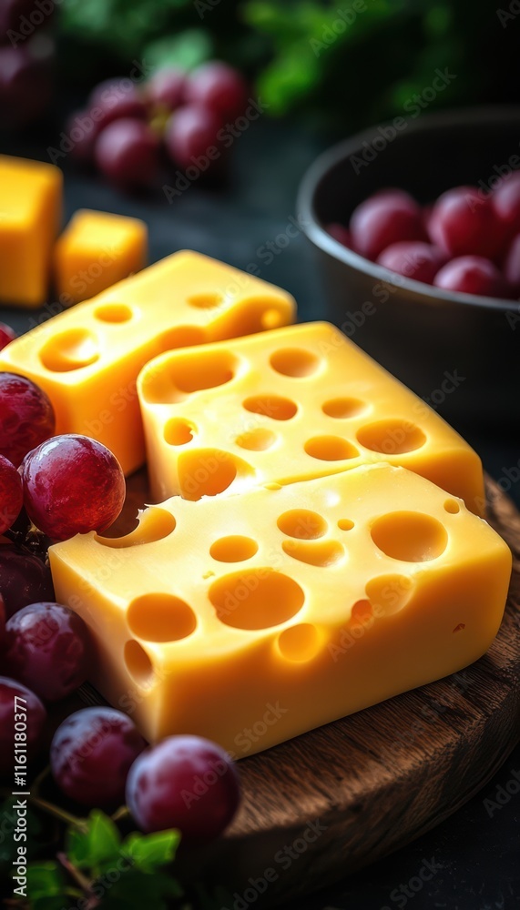 A vibrant arrangement of cheese blocks and grapes on a dark surface, highlighting textures and colors, perfect for a charcuterie board. A vibrant arrangement of cheese blocks and grapes on a dark surface, highlighting textures and colors, perfect for a charcuterie board.