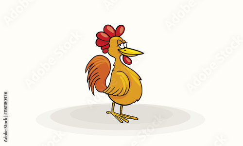 Cute Hen animal cartoon illustration. Rooster with Cross Hands with Line Art Drawing, Birds Roosters & Chickens, Vector Character. Chicken mascot illustration with cock, hen, eggs, green bush & grass.