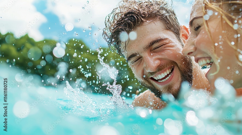 Fototapeta premium A couple playfully splashing each other in a crystal clear lake, their laughter echoing across the water as they enjoy a refreshing dip.