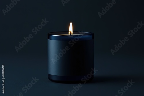 A single lit candle in a dark room. The candle is in a dark blue jar with a matte gray label. The flame is small and creates a warm glow.