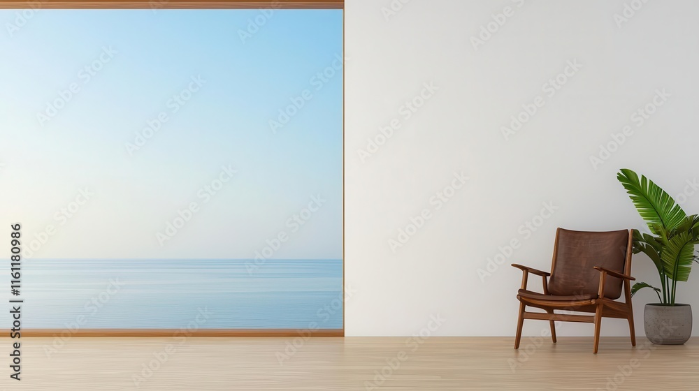 Fototapeta premium Minimalist modern living room with a panoramic ocean view, luxury simplicity, tranquil lifestyle