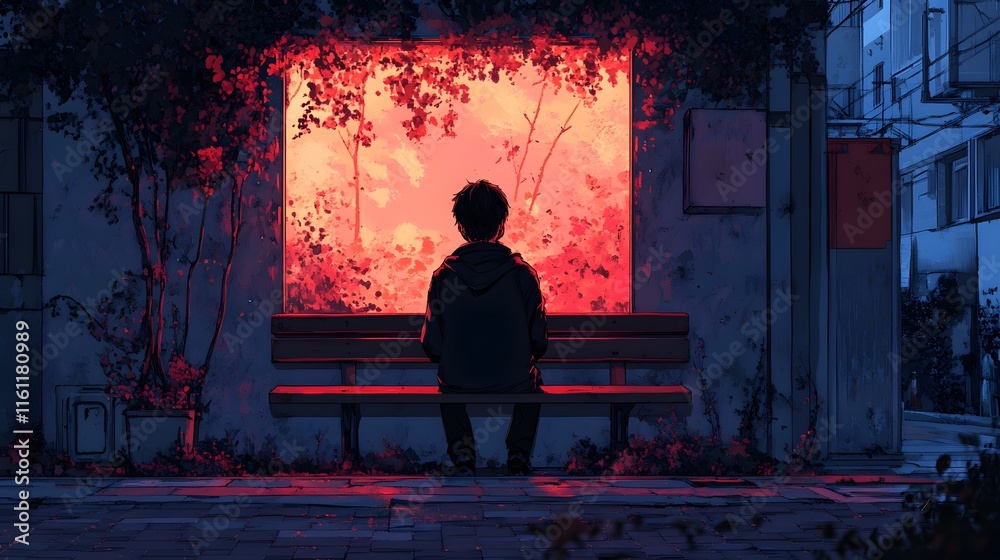Lofi anime style illustration of A lone figure sits on a bench, gazing at a vibrant sunset through a window. The scene evokes a sense of peaceful solitude. Lofi anime style illustration of A lone figure sits on a bench, gazing at a vibrant sunset through a window. The scene evokes a sense of peaceful solitude.