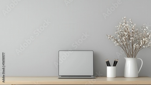 Artistic geometric wallpaper in a minimalist home office  paired with neutral furniture  modern workspace  creative design