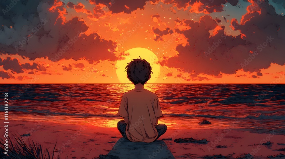 Lofi anime style illustration of A young boy sits peacefully on the beach, watching a vibrant sunset over the ocean. The scene evokes a sense of calm and tranquility. Lofi anime style illustration of A young boy sits peacefully on the beach, watching a vibrant sunset over the ocean. The scene evokes a sense of calm and tranquility.