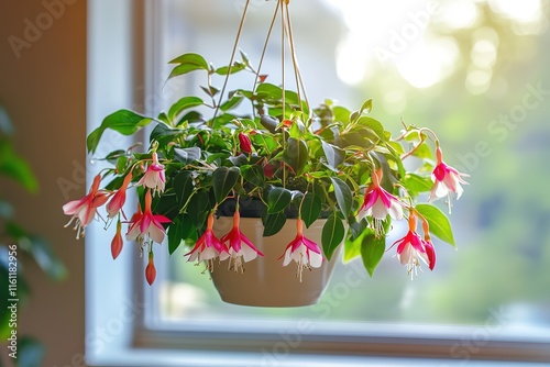 Vibrant fuchsia flowers in a hanging planter, basking in the sunlight by a window. photo