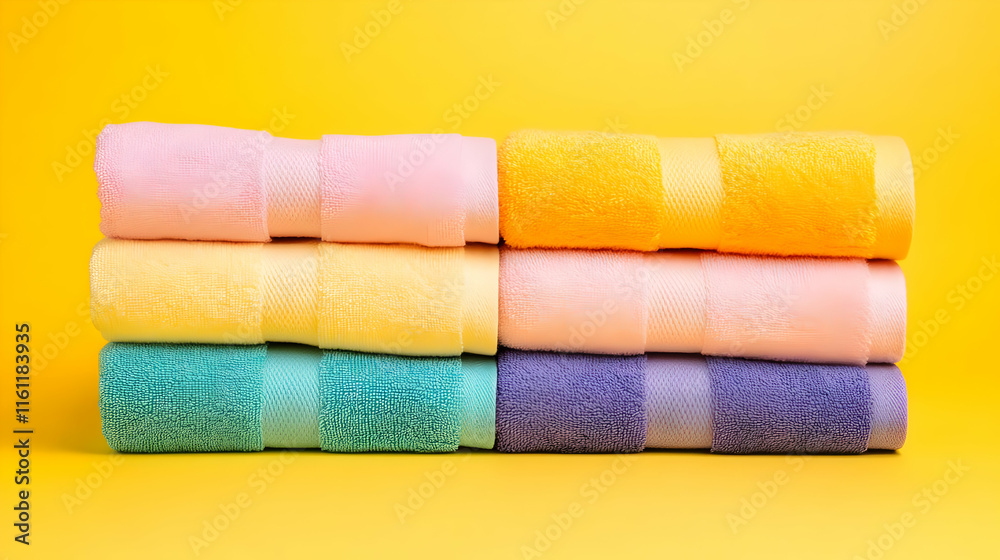 Colorful Rolled Towels on Yellow Background Colorful Rolled Towels on Yellow Background