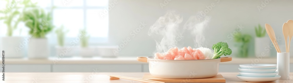Steaming Chicken and Broccoli in a Modern Kitchen Steaming Chicken and Broccoli in a Modern Kitchen