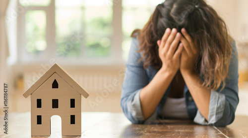 Wooden house, representing real estate. In the background, a person with his hands on his head, real estate crisis and depression caused by economic and housing problems. photo