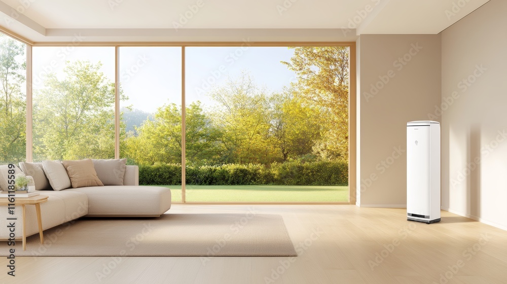 Modern living room with air purifier and large window overlooking a green landscape. Modern living room with air purifier and large window overlooking a green landscape.