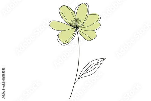 Simple line drawing of a pale yellow flower with a single leaf.